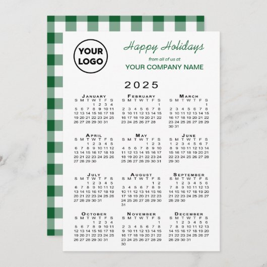 2025 Kalender Zakelijk Logo Groen Wit Gingham Feestdagenkaart (Voorkant / Achterkant)