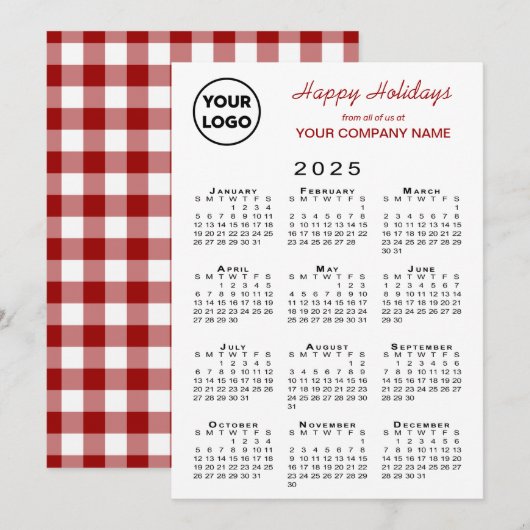 2025 Kalender Zakelijk Logo Rood Wit Gingham Feestdagenkaart (Voorkant / Achterkant)