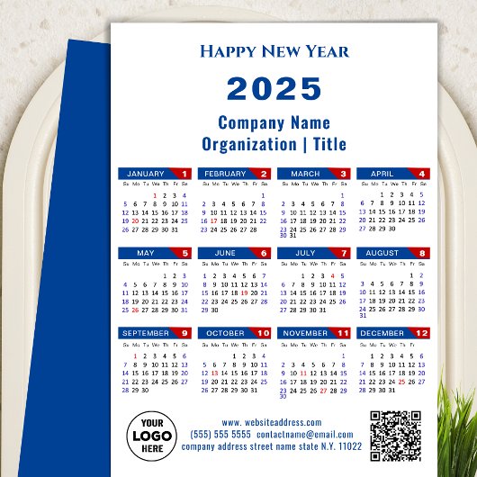 2025 Kalender Zakelijk Logo US Patriottisch Blauw  Feestdagenkaart