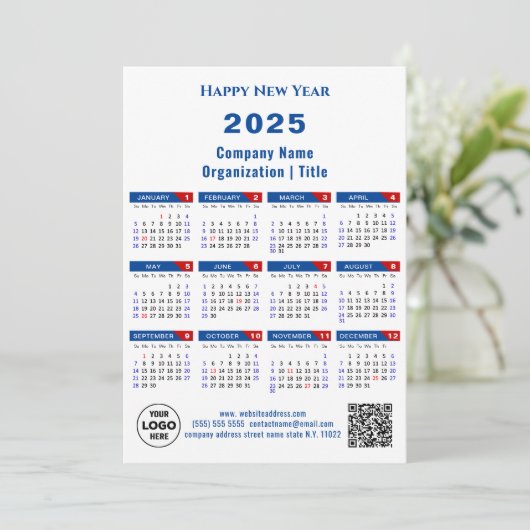 2025 Kalender Zakelijk Logo US Patriottisch Blauw  Feestdagenkaart (Staand voorkant)