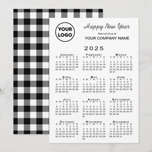 2025 Kalender Zakelijk Logo Zwart Wit Gingham Feestdagenkaart (Voorkant / Achterkant)