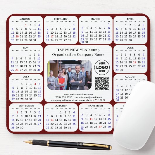 2025 Kalender Zakelijke Foto Logo QR Modern Rood Muismat