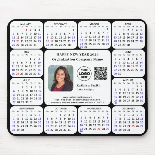 2025 Kalender Zakelijke Foto Logo QR Modern Zwart Muismat (Voorkant)