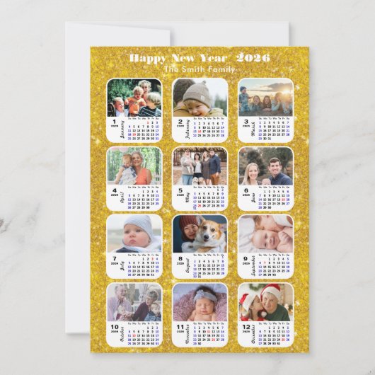 2025 Kalenderfamilie 12 Fotocollage Feestelijk Gou Feestdagenkaart (Voorkant)