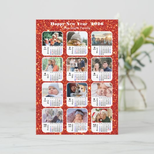 2025 Kalenderfamilie 12 Fotocollage Feestelijk Roo Feestdagenkaart (Staand voorkant)