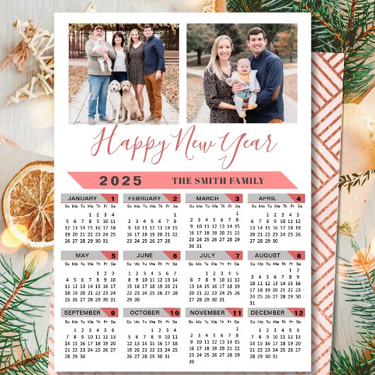 2025 Kalenderfamilie 2 Foto Roze Script Eenvoudig Feestdagenkaart