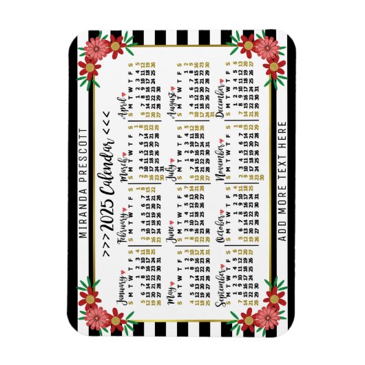 2025 Kalenderjaar Maandelijkse Bloemrijke Strepen  Magneet (Verticaal)