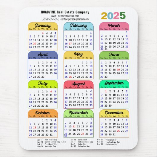 2025 Kleurenkalender US Public Feestdagen Corporat Muismat (Voorkant)