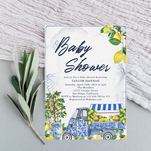 2025 Lemon Italiaans Blauw Baby shower Uitnodiging