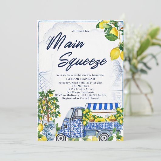2025 Lemon Italiaans Blauw Bruids Douche Uitnodigi Kaart (Staand voorkant)