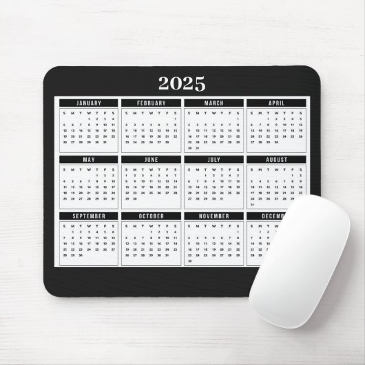 2025 Maandelijkse kalender Modern Zwart Wit Muismat (Met muis)