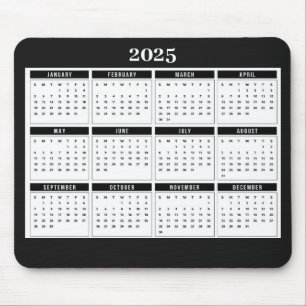 2025 Maandelijkse kalender Modern Zwart Wit Muismat