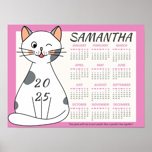 2025 Maandkalender Cute Roze Speelse Witte Kat Poster (Voorkant)