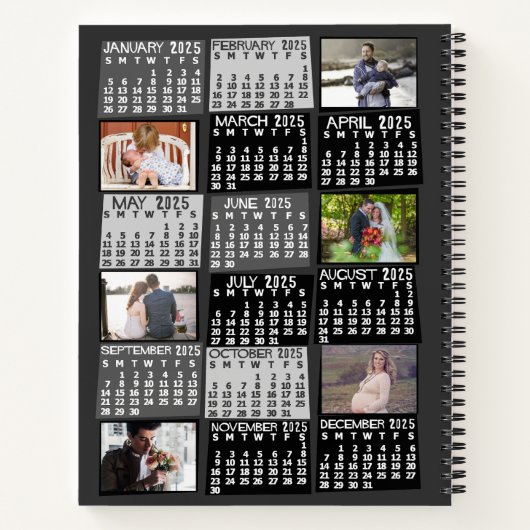 2025 Maandkalender Zwart Mod 12 Foto Collage Notitieboek (Achterkant)