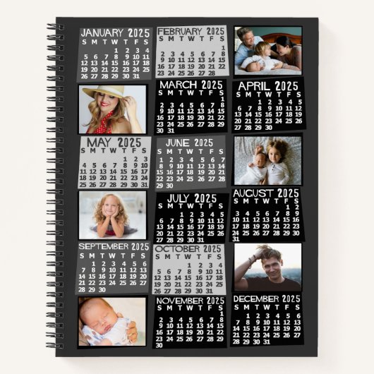2025 Maandkalender Zwart Mod 12 Foto Collage Notitieboek (Voorkant)