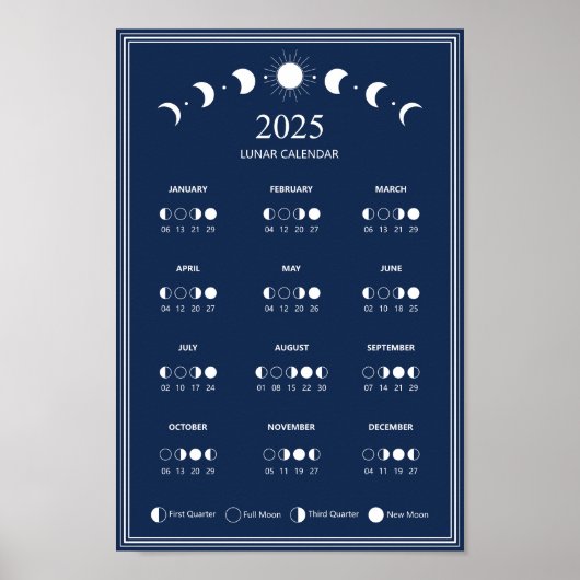 2025 Maanfase Maancyclus Donkerblauwe Kalender Poster (Voorkant)