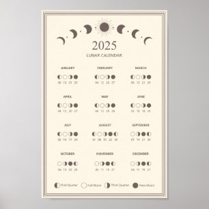 2025 Maanfase Maancyclus Minimalistische kalender Poster