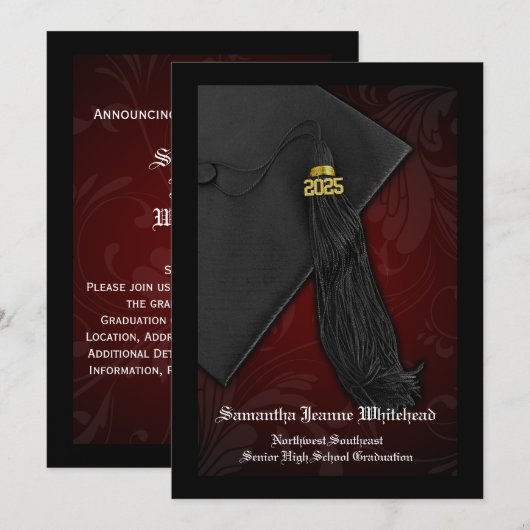 2025 Maroon Red Tassel Charm Afstuderen Kaart (Voorkant / Achterkant)