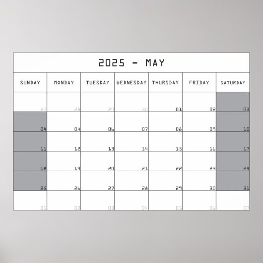2025 mei planner kalender grote notities ruimte poster (Voorkant)