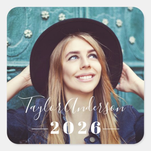 2025 minimalistische witte foto Afstuderen Vierkante Sticker (Voorkant)