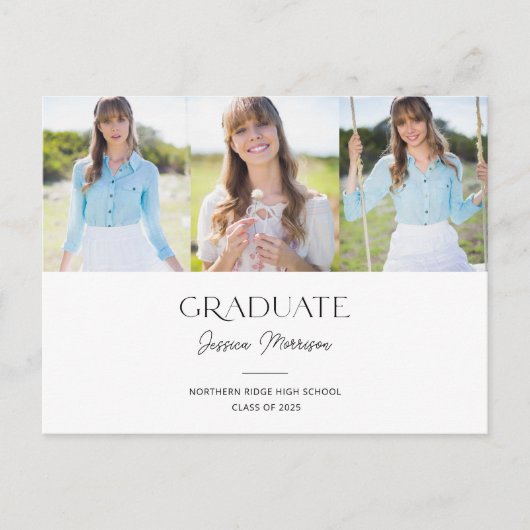 2025 Minimalistische Zwart & Wit 3 Foto's Afstuder Briefkaart (Voorkant)