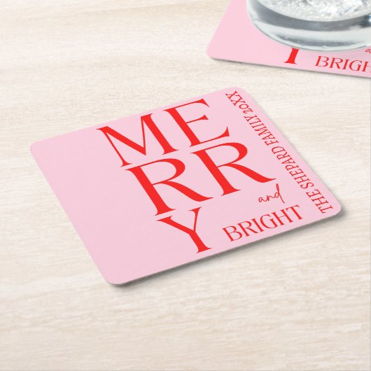 2025 Modern Merry and Bright Red Pink Christmas Kartonnen Onderzetters (Schuin)