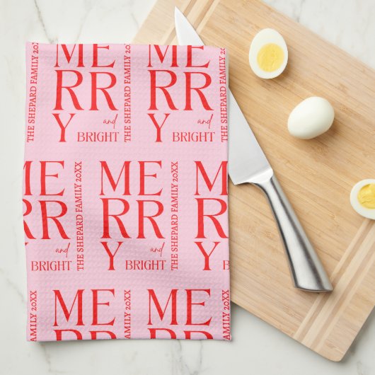 2025 Modern Merry and Bright Red Pink Christmas Theedoek (Quarter Fold)