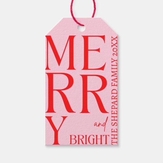 2025 Moderne Kerst Merry and Bright Rood Roze Cadeaulabel (Voorkant)