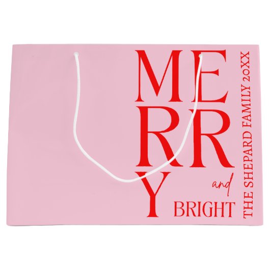 2025 Moderne Kerst Merry and Bright Rood Roze Groot Cadeauzakje (Voorkant)