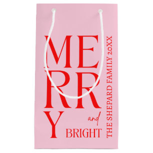 2025 Moderne Kerst Merry and Bright Rood Roze Klein Cadeauzakje