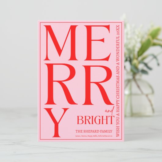 2025 Moderne Merry Helder Rood Roze Kerstfoto Kaart (Staand voorkant)