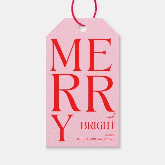 2025 Moderne vrolijke en felrode roze kerst Cadeaulabel (Voorkant)