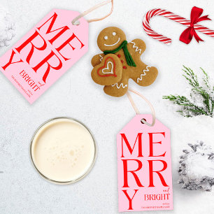 2025 Moderne vrolijke en felrode roze kerst Cadeaulabel