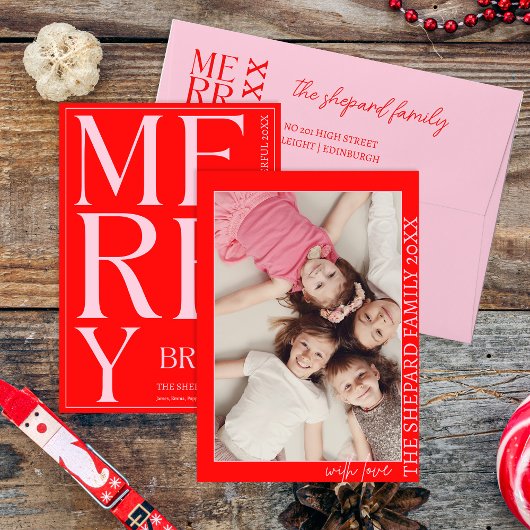 2025 Moderne vrolijke en felrode roze kerst Kaart