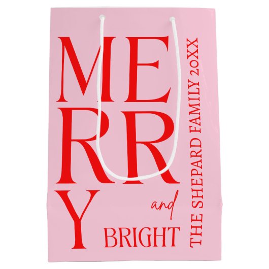 2025 Moderne vrolijke en felrode roze kerst Medium Cadeauzakje (Achterkant)