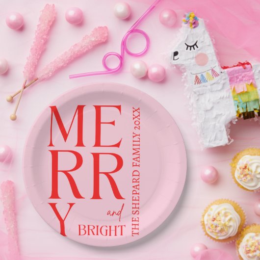 2025 Moderne vrolijke en felrode roze kerst Papieren Bordje (Feest)