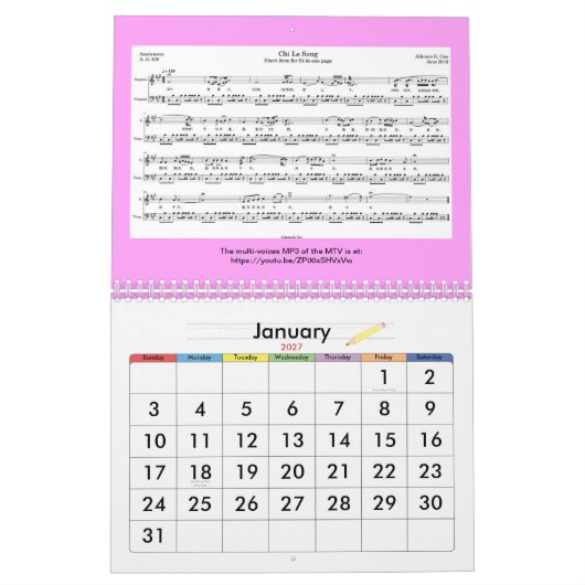 2025 Muziekkalender voor het Zodiac Jaar van de Sl Kalender (Jan 2027)