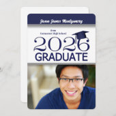 2025 Navy Blauw en Wit Foto Afstuderen Kaart (Voorkant / Achterkant)