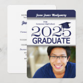 2025 Navy Blauw en Wit Foto Afstuderen Kaart (Voorkant / Achterkant)