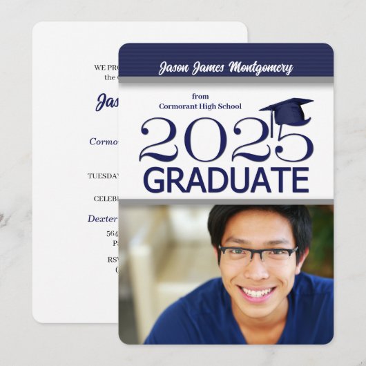 2025 Navy Blauw en Wit Foto Afstuderen Kaart (Voorkant / Achterkant)