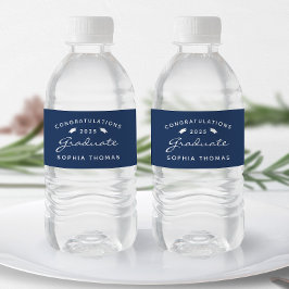 2025 Navy Blue White Script Pet Afstuderen Waterfles Etiket