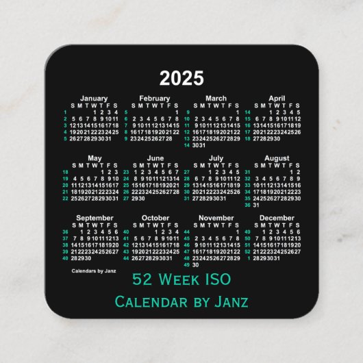 2025 Neon 52 weken ISO-kalender door Janz Vierkante Visitekaartje (Voorkant)