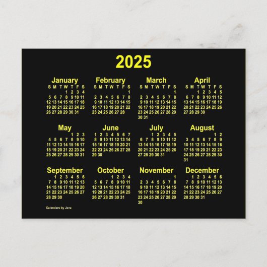 2025 Neon Geel Mini Kalender van Janz Briefkaart (Voorkant)