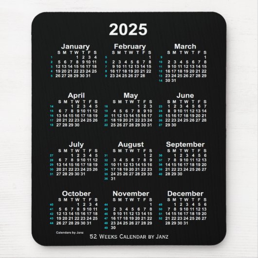 2025 Neon White 52 weken agenda van Janz Muismat (Voorkant)