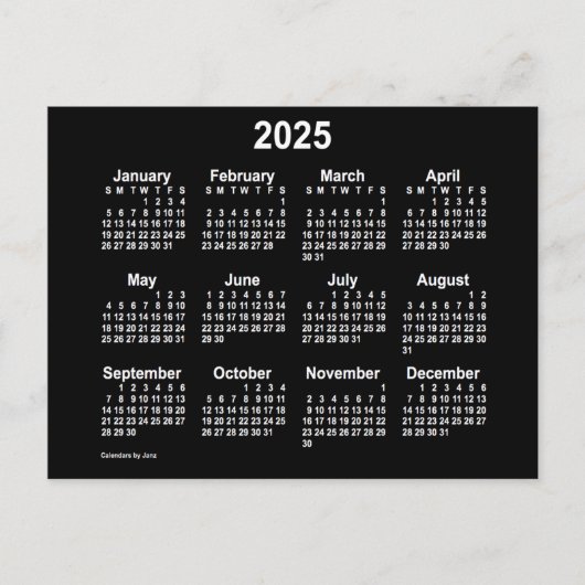 2025 Neon Witte Mini Kalender van Janz Briefkaart (Voorkant)