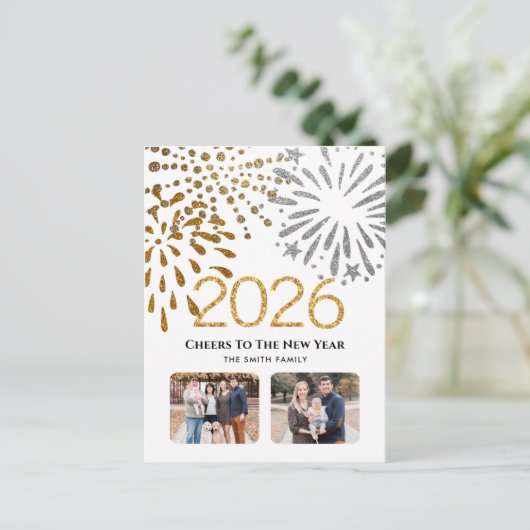2025 Nieuwjaar Feestelijke Vuurwerk Gouden Familie Feestdagenkaart (Staand voorkant)