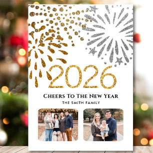 2025 Nieuwjaar Feestelijke Vuurwerk Gouden Familie Feestdagenkaart