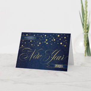 2025 Nieuwjaar Navy Blue Faux Gold Leaf Sterren Feestdagen Kaart