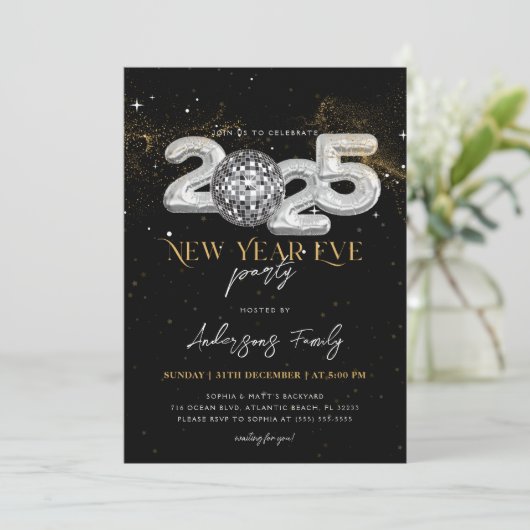 2025 Nieuwjaarsfeest Black Silver Disco Ball Kaart (Staand voorkant)