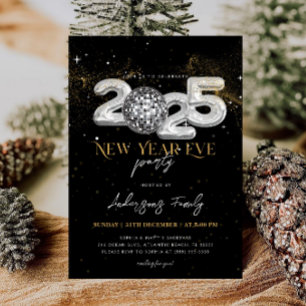 2025 Nieuwjaarsfeest Black Silver Disco Ball Kaart